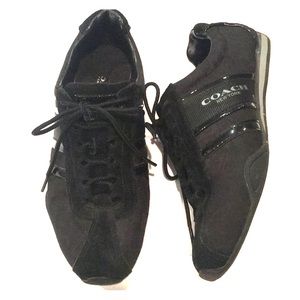 COACH black monogram suede/patent leather sneakers